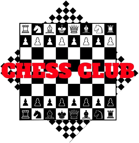 Chess Club design involving a combination of a black and white chess board and chess pieces 